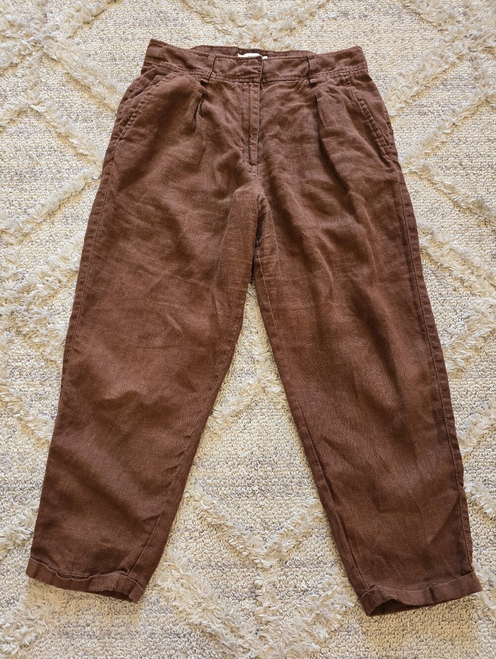 M&S Pure Linen Brown Trousers Size 12 Short Pleat Front Tapered Cropped Ankle
